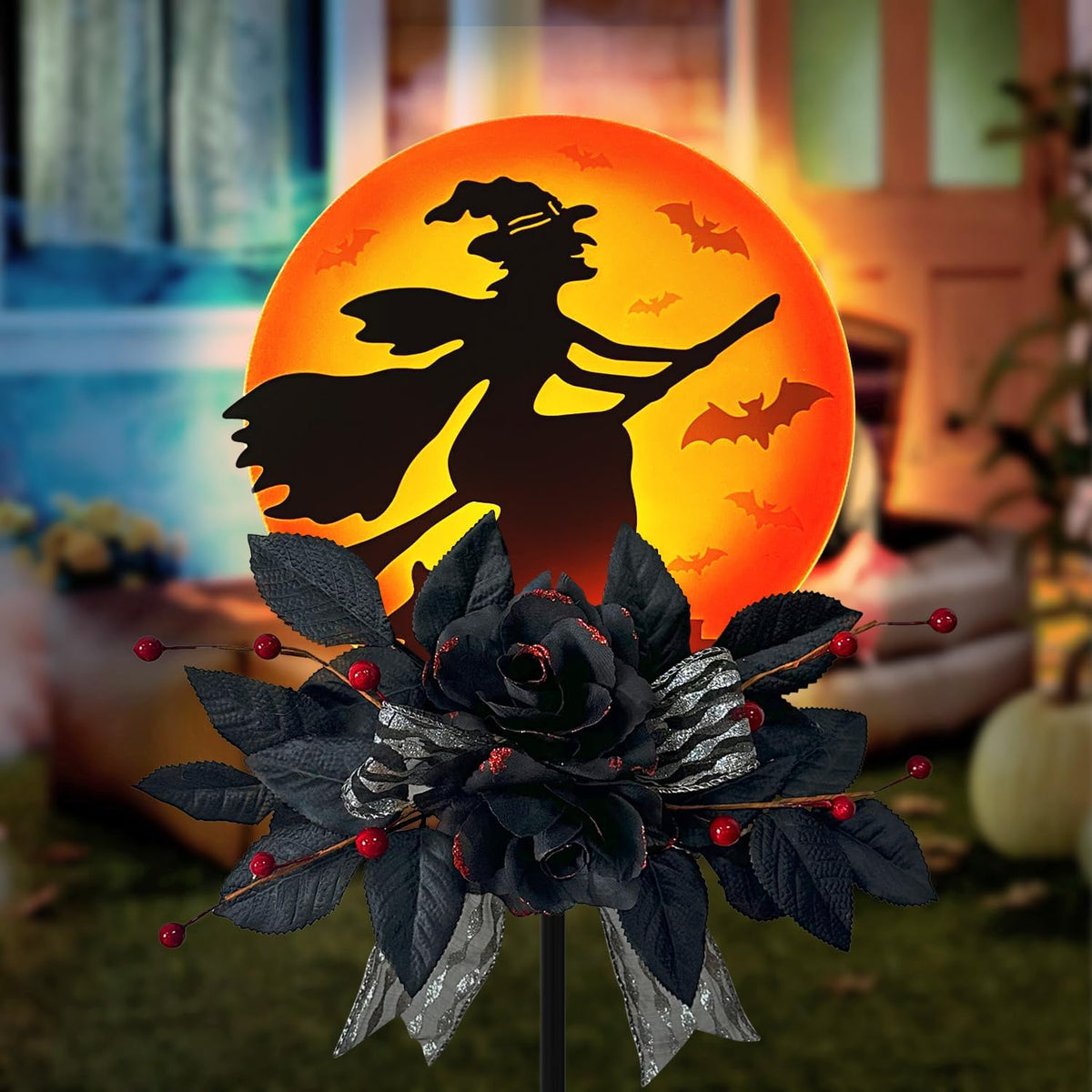 Solar Witch Scene Garden Stake Lights, Spooky Outdoor Yard Sign for Halloween Festive Decor