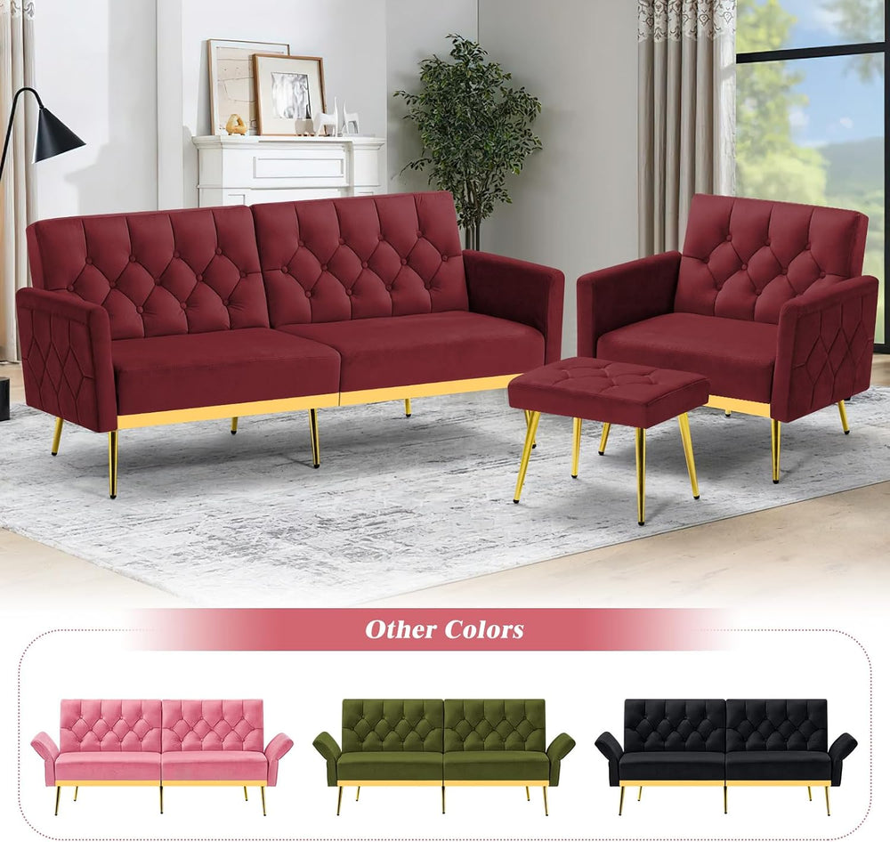 Velvet Sofa Bed w/Adjustable Armrests & Backrests, Red
