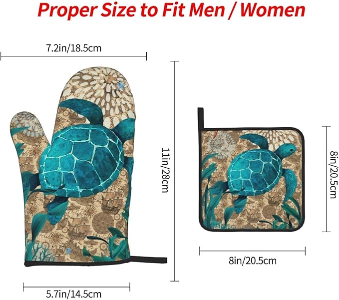 Retro Teal Nautical Oven Mitts and Pot Holders Sets, Sea Turtles Oven Gloves - Image 4