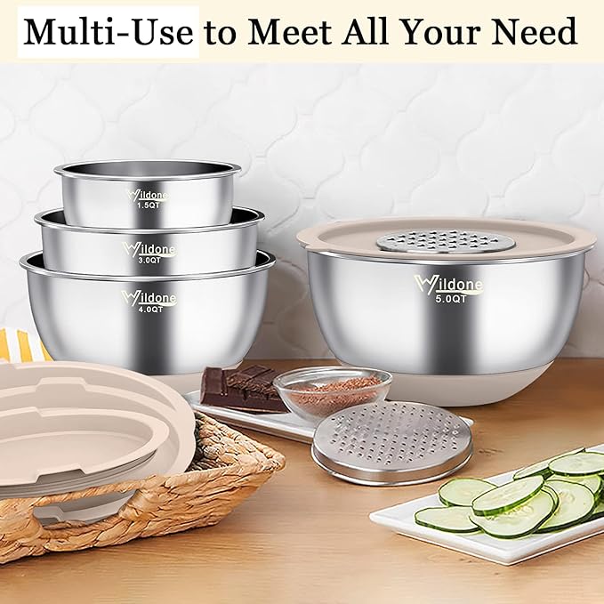 Wildone Mixing Bowls with Airtight Lids, with 3 Grater Attachments, Scale Marks - Image 5