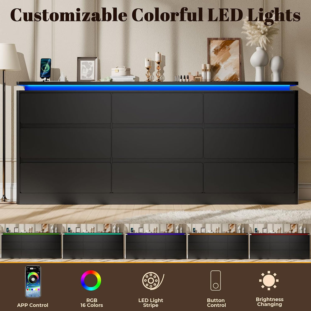 9 Drawer Dresser for Bedroom,62.99" Long Black Chest of Drawers w/LED Light