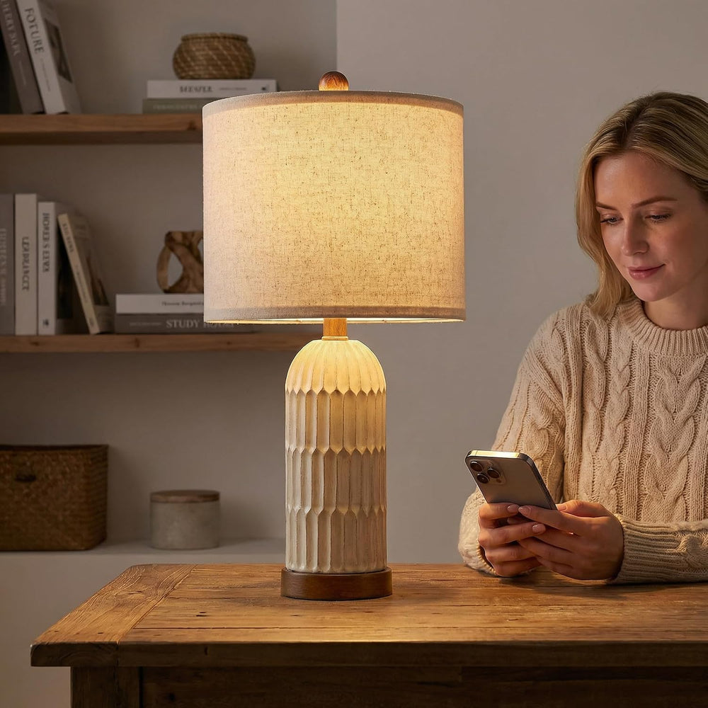 22" Bedside Table Lamps Set of 2, Farmhouse Lamp with USB A+C,Brown