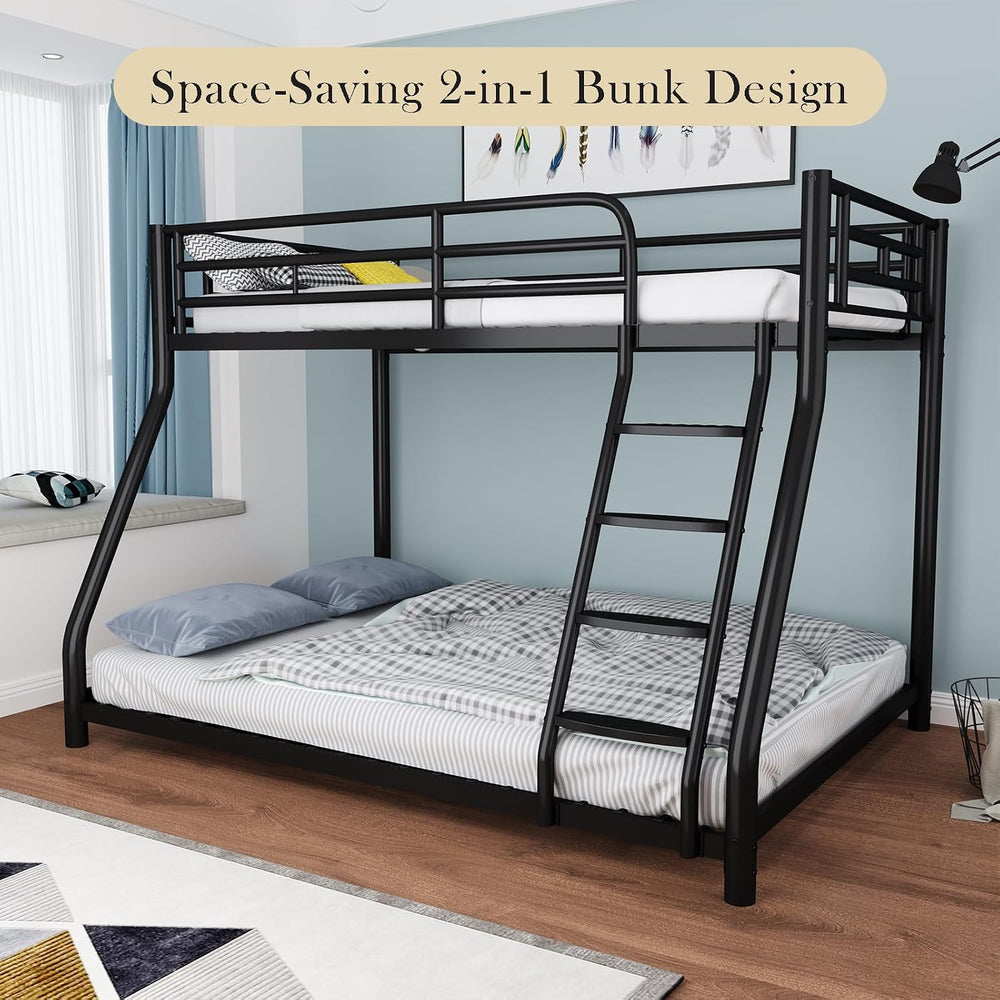 Metal Bunk Bed, Twin Over Full Bunk Bed with Safety Guardrail and Ladder, Hea...