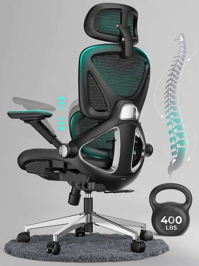 Ergonomic Mesh Office Chair, Adjustable Lumbar High Back Desk Chair 400lbs, 4D Flip-up Arms, 3-Level Tilt Backrest, 3D Headrest, PU Wheels, Swivel Rolling Computer Chair for Long Desk Work