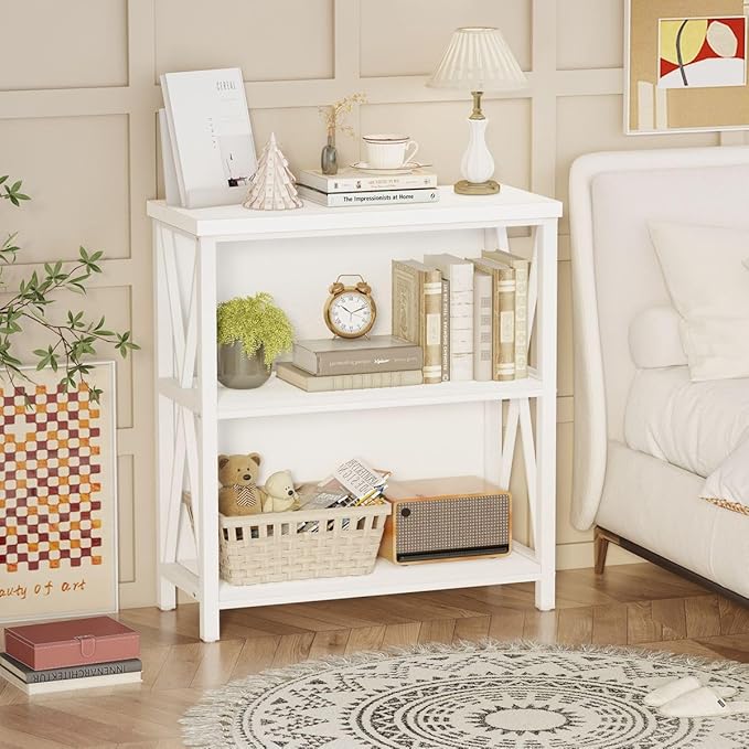 FATORRI Small Bookshelf for Small Space, Short Rustic Low Bookcase, Modern Wo...