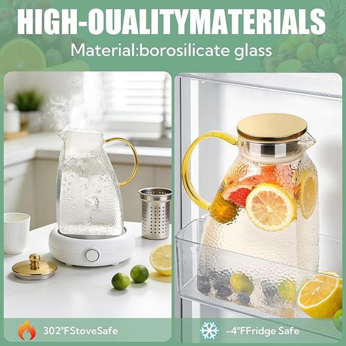2 Pack Glass Pitcher with Lid and Handle, 1.8 Liter 60 oz Water Jugs - Image 4