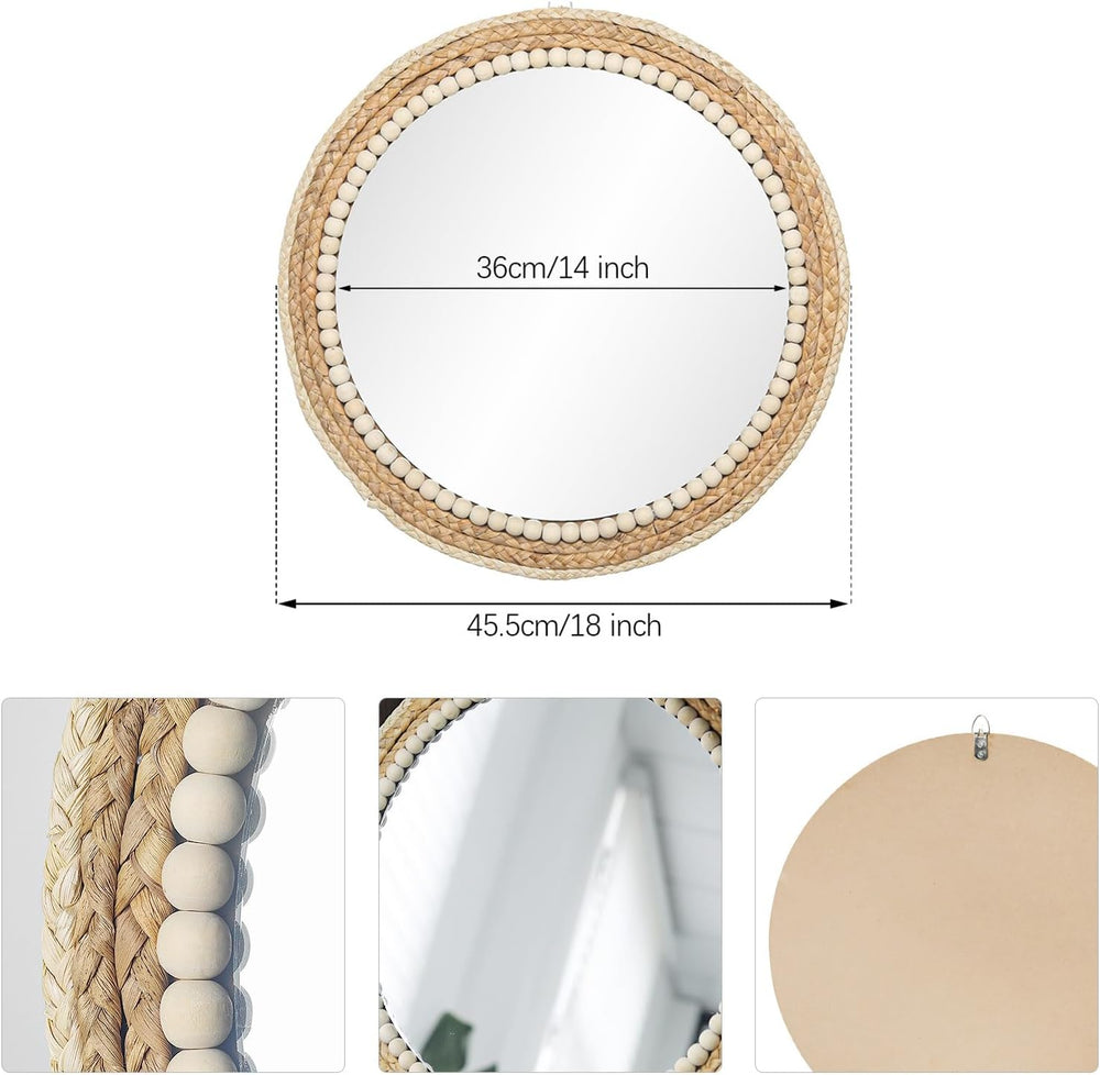 18 Inch Boho Round Hanging Wall Mirror Decorative Rattan Circle Mirrors for F...