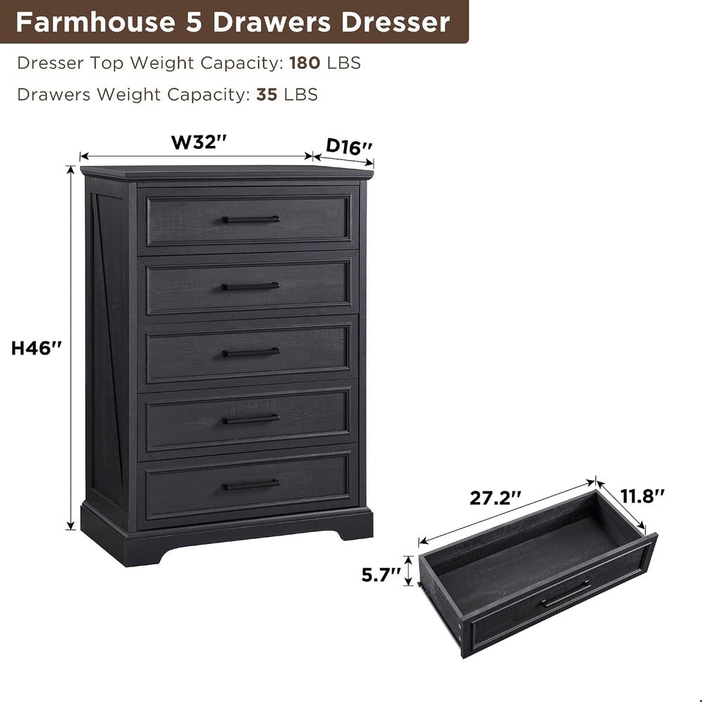 ACCOHOHO Farmhouse 5 Drawers Dresser Chests for Bedroom, Black