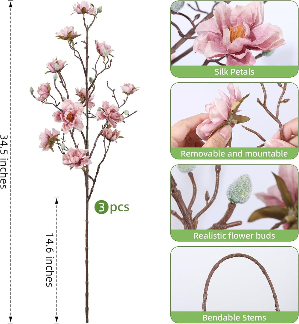 HyeFlora 3PCS Artificial Magnolia Flowers Stems for Spring Decoration, Faux P...