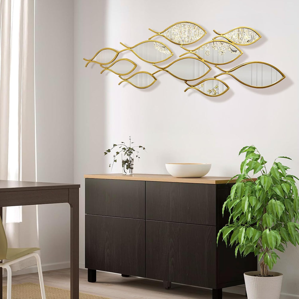 BECHAEO Coastal Metal Fish Mirror Wall Art Decor, 41" x 15" Gold