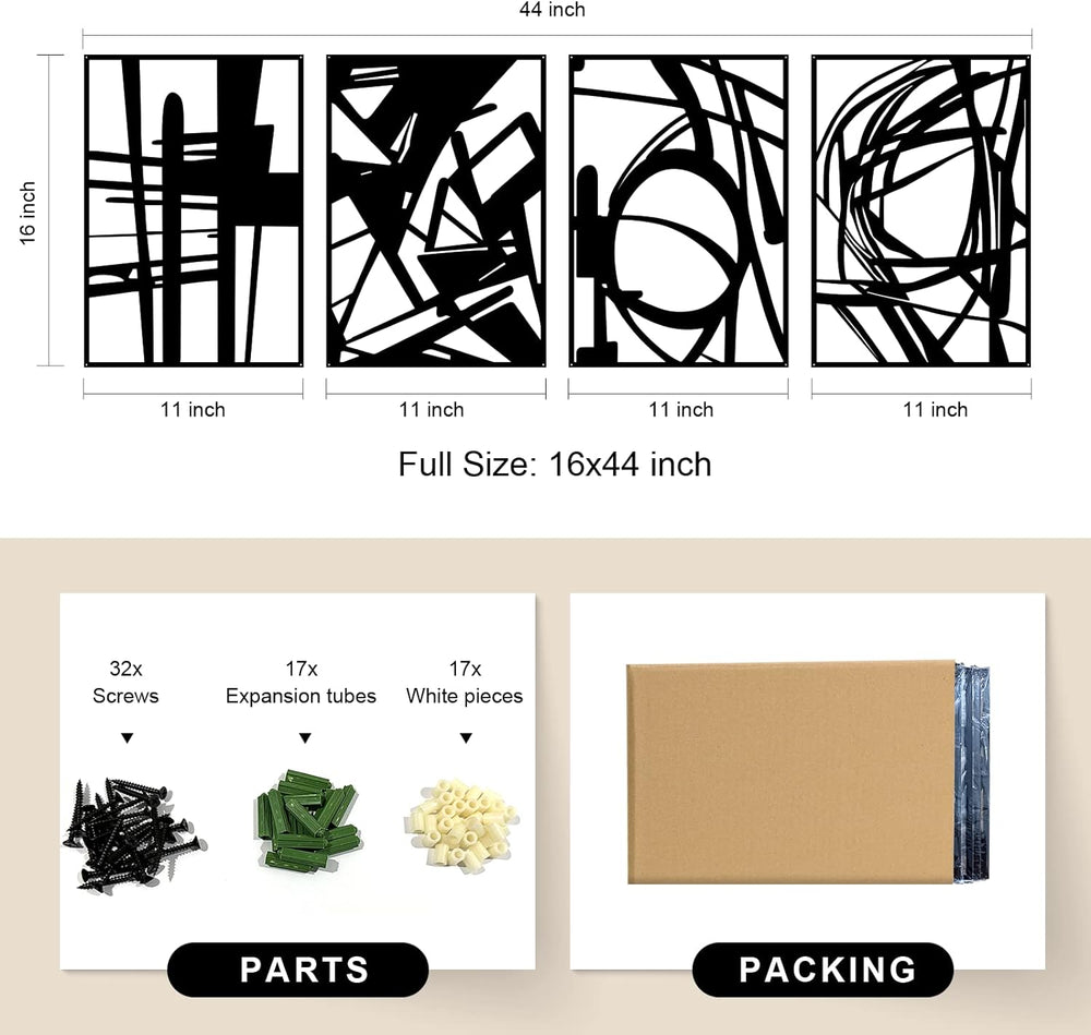 Glamativity 4 Pack Black Abstract Metal Wall Art, Minimalist Décor Single Lin...