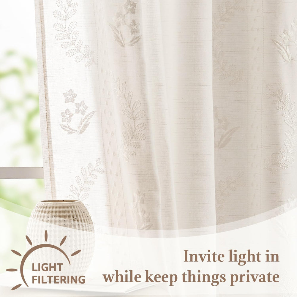 jinchan White Floral Linen Kitchen Tier Curtains 50x45 Inch 2 Panels