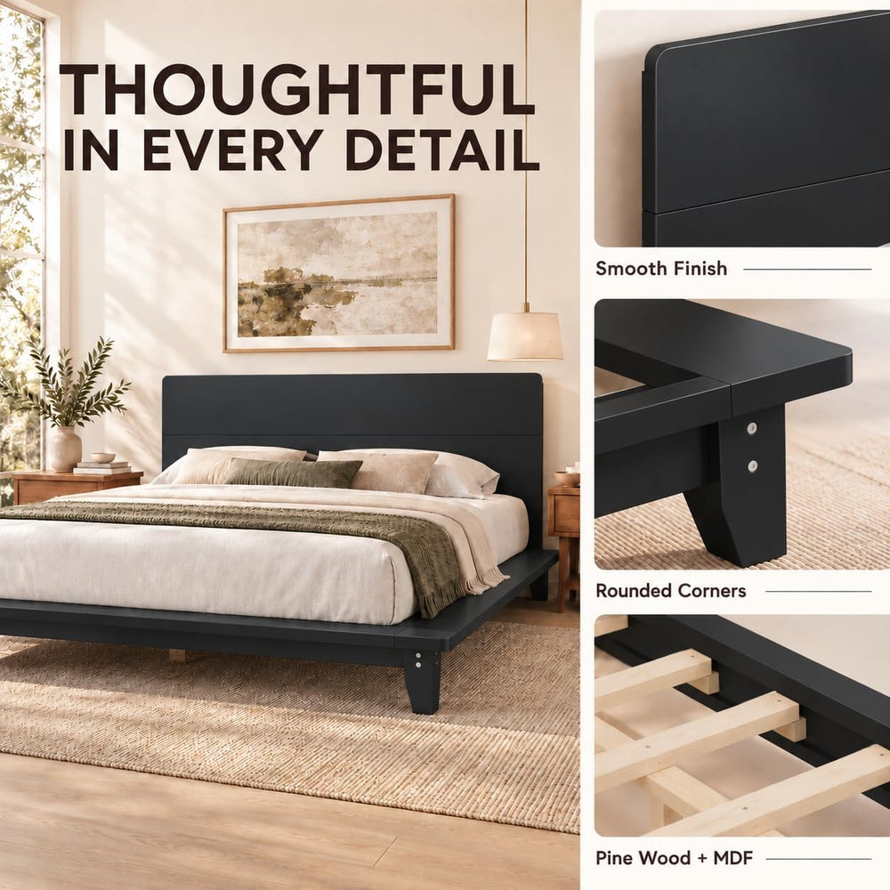 Full Size Japanese Wooden Bed Frame with Black Headboard