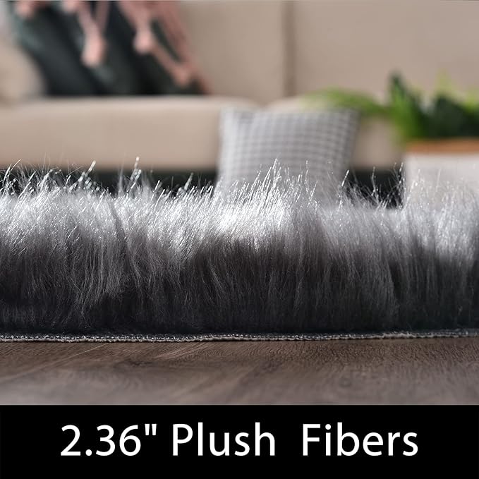 Latepis Dark Grey Round Rug 3ft Faux Fur Circle Rug Fluffy Furry Fuzzy Rug - Image 2