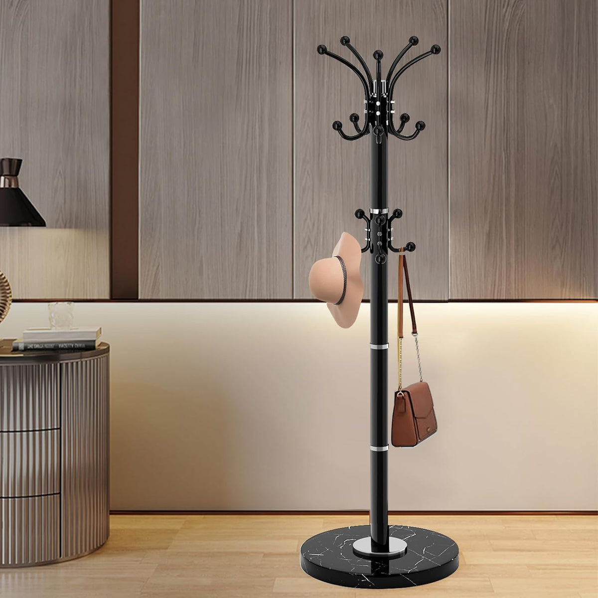 Modern Metal Coat Rack Stand, Coat Rack Freestanding with Natural Marble Base, 360°Rotary Design Sturdy Coat Racks with 16 Hooks, White Coat Hall Tree Stand for Entryway (Black)