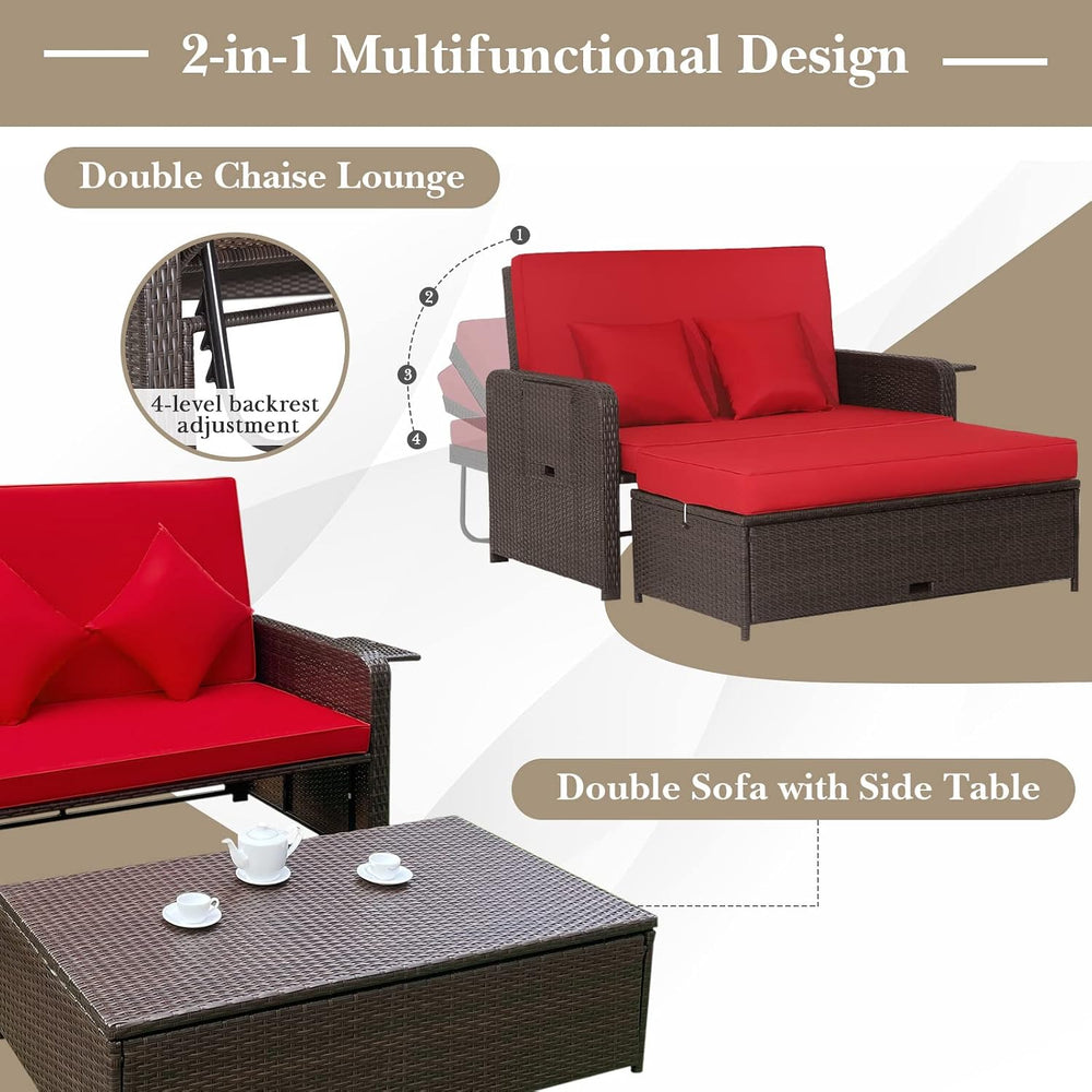Tangkula Patio Rattan Daybed with 4-Level Adjustable Backrest, Red Cushion