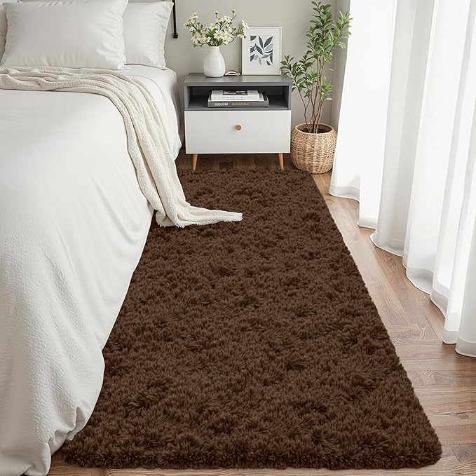 2x6 Bedside Area Rugs for Bedroom: Soft Fluffy Shag Brown Rug for Hallway - Image 2