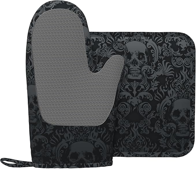 Gothic Skull Oven Mitts and Pot Holders Sets of 4, Resistant Hot Pads - Image 2