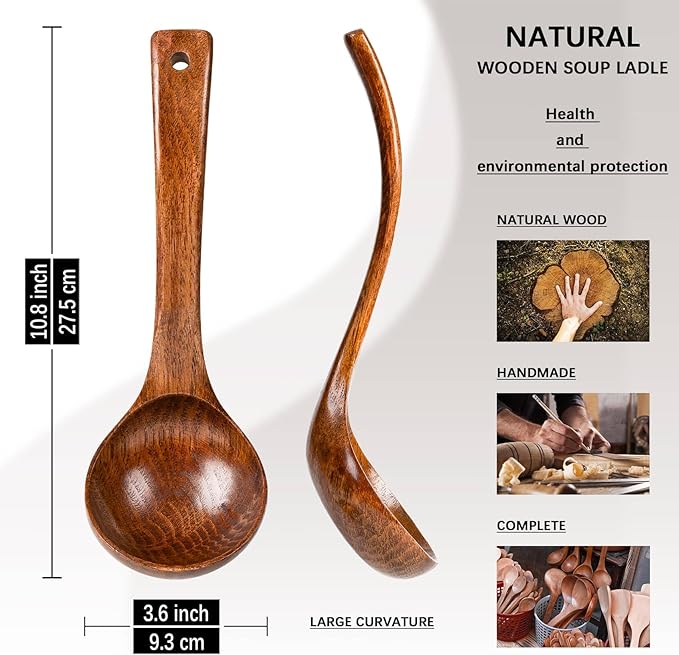 Wooden Soup Ladle, 10.8" Handle, 3.0 fl oz Large Scoop Utensil - Image 2