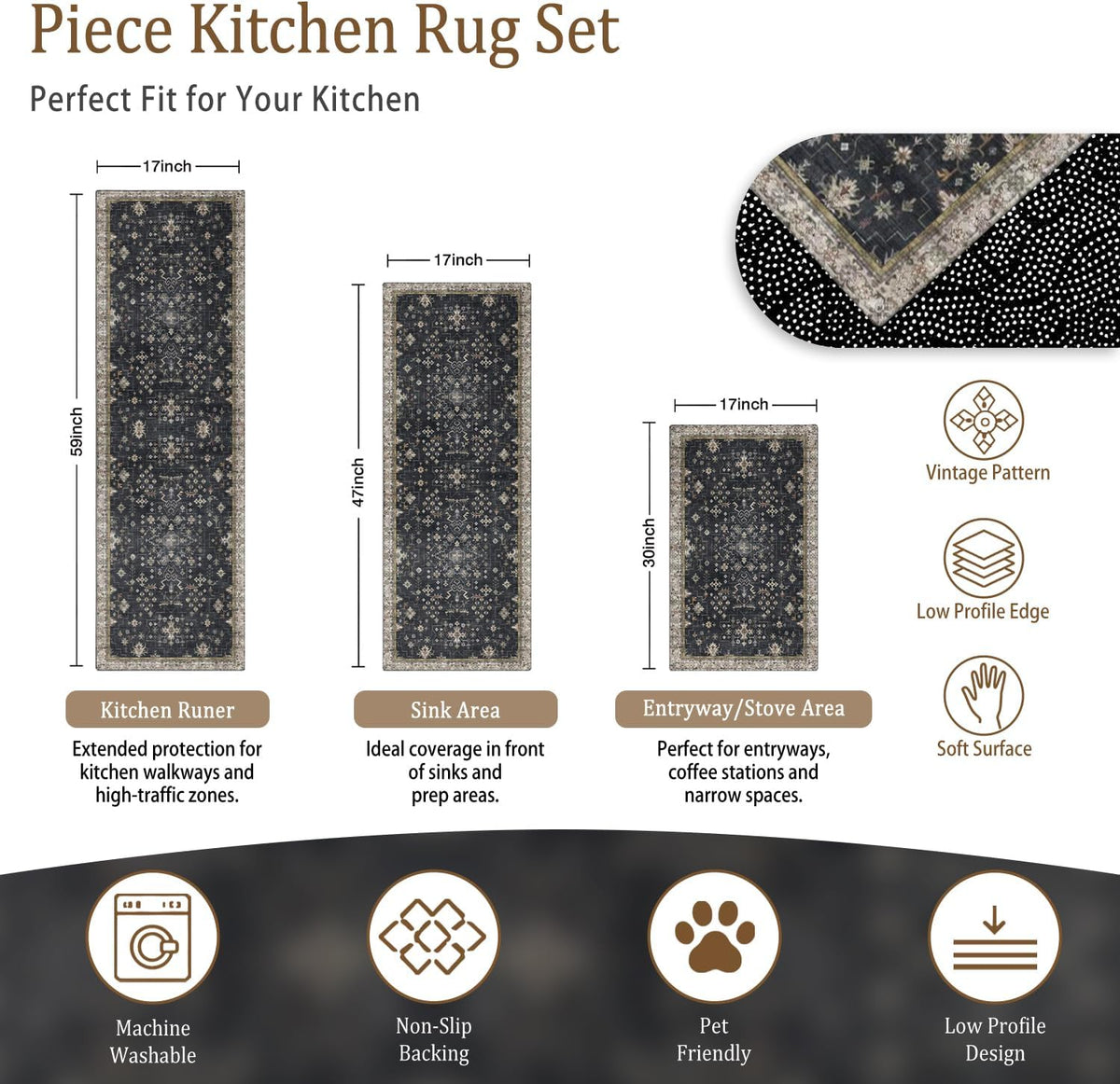 black boho kitchen rugs set of 3, non-slip shown in use
