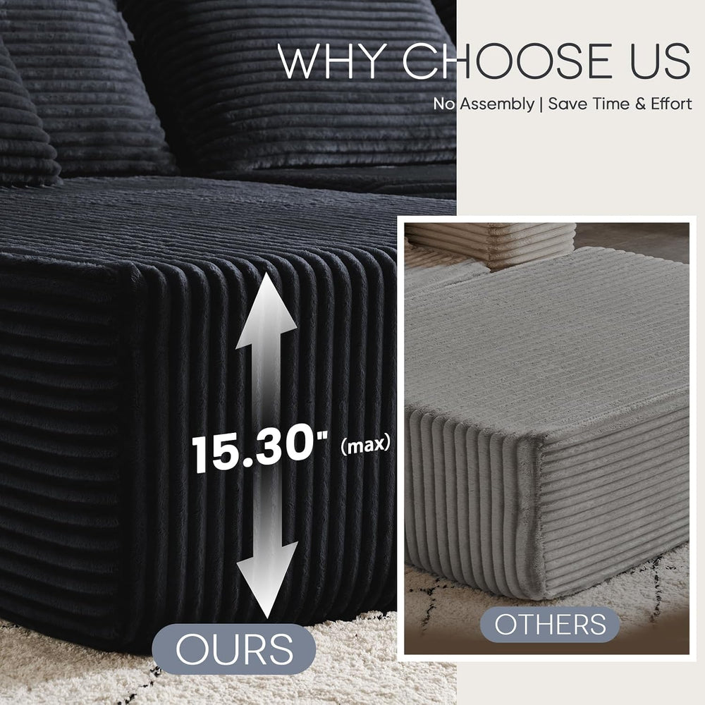 95" Black Corduroy Boneless Modular Sectional Sofa, Cloud-Louch Deep Sea...