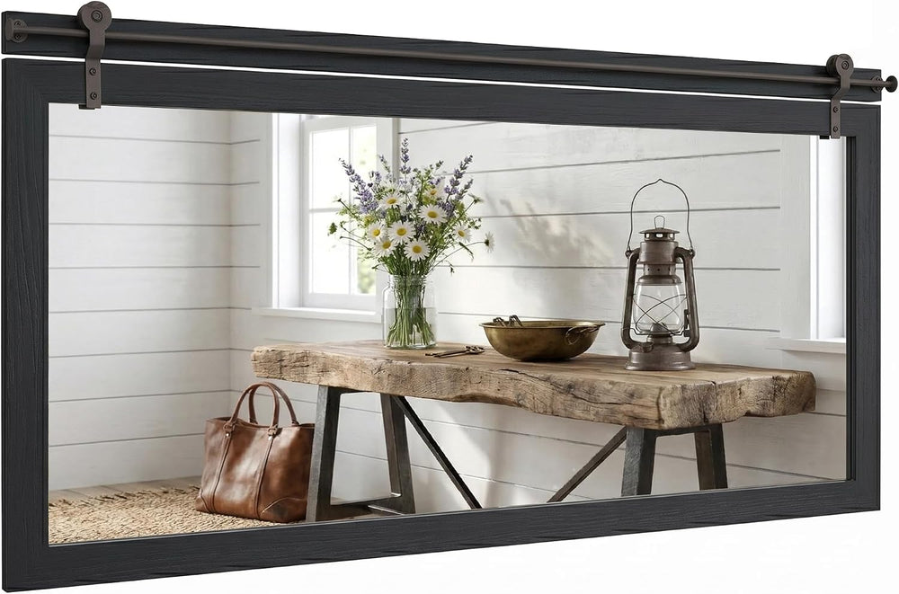 27"x49" Black Wood Grain Barn Door Wall Mirror with Wood Header