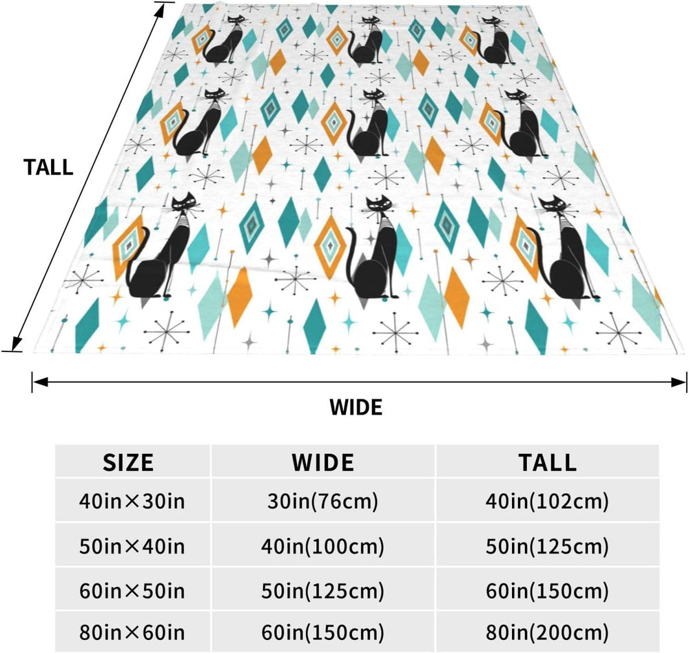 Mid Century Cat Fleece Throw Blanket Soft Flannel Plush Lightweight Warm Cozy...