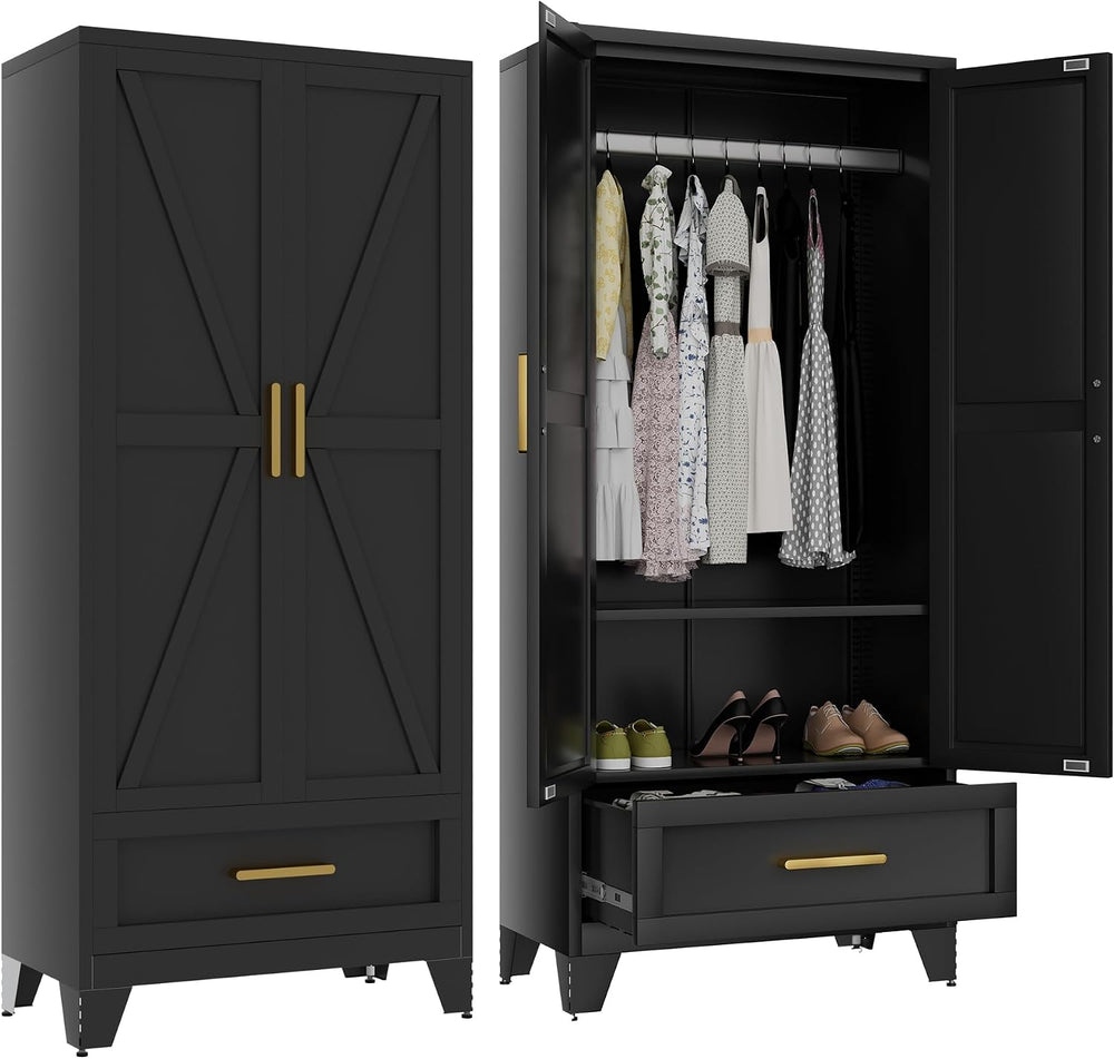 Metal Wardrobe Cabinet,71 Armoire Wardrobe Closet with Drawers and Hanging Ro...