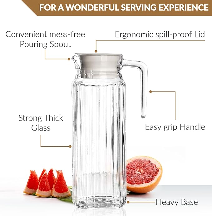 Glass Pitcher with Lid – Set of 2 34Oz Glass Water Pitcher – Cold Water Carafe - Image 3