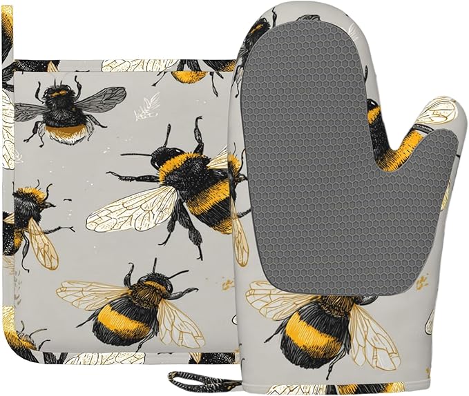 Happy Busy Bees Oven Mitts and Pot Holders Sets Non-Slip Silicone Surface by Unknown