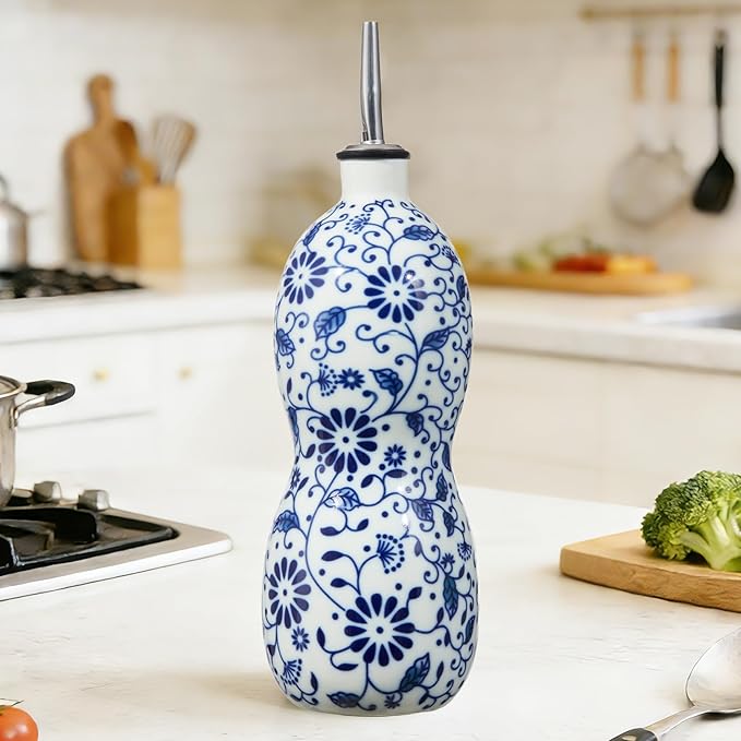 20oz Vintage Ceramic Olive Oil Dispenser Bottle, Gourd Shape Blue and White - Image 8