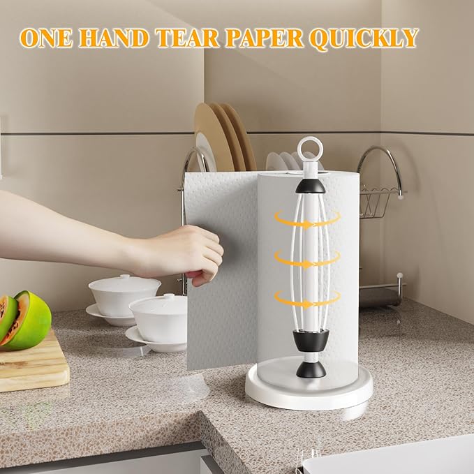White Paper Towel Holder Countertop, One-Handed Tear, Stainless Steel, Weighted - Image 2