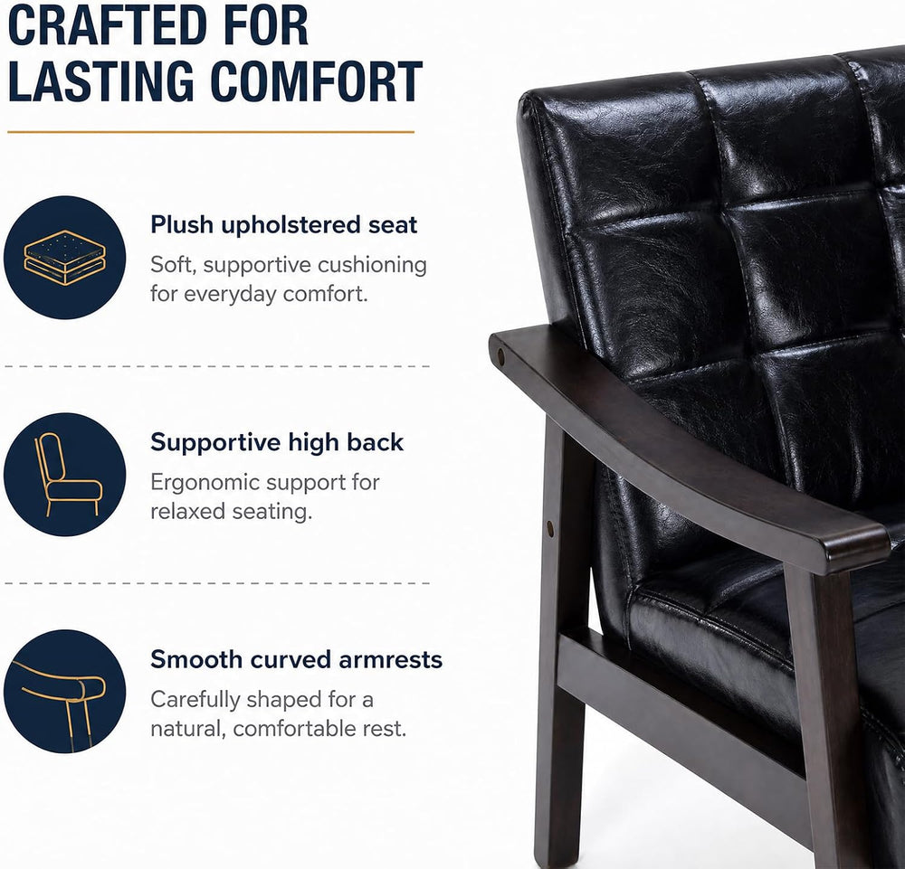 Mid Century Modern Faux Leather Accent Chair, Lounge Chair Indoor Comfy Uphol...