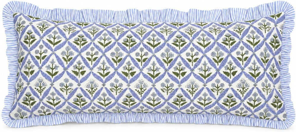 Ridhi Light Steel Blue Block Print Ruffle Pillow Sham 36x14 Inch Set of 1