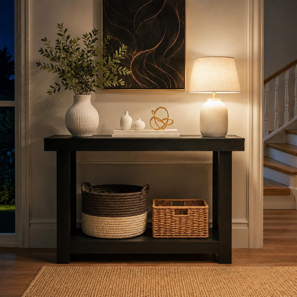 Black Console Table, 43.5" Narrow Black Entryway Table with 2-Tier Stora...