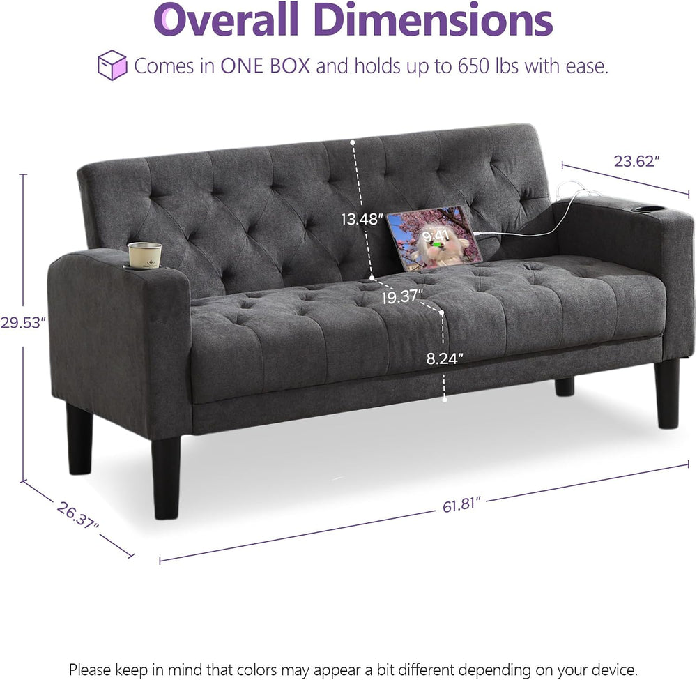 62" W Loveseat Sofa w/ 2 USB Charger Ports and 2 Cupholders