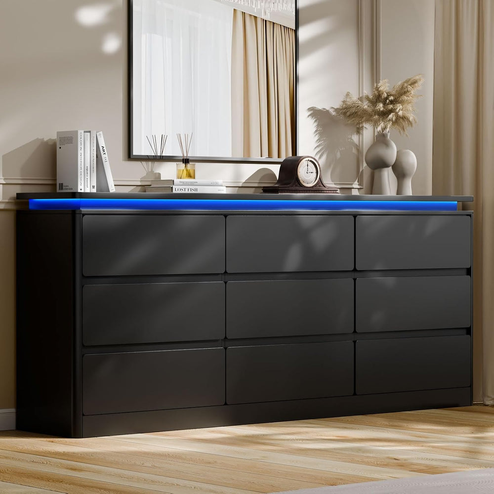 9 Drawer Dresser for Bedroom,62.99" Long Black Chest of Drawers w/LED Light