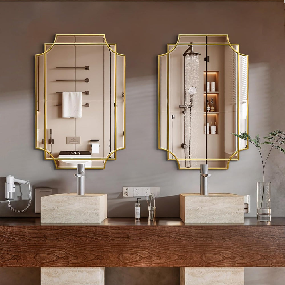 Gold Mirror for Wall, 36x24 Gold Wood Framed, Scalloped Beveled Polished Rect...