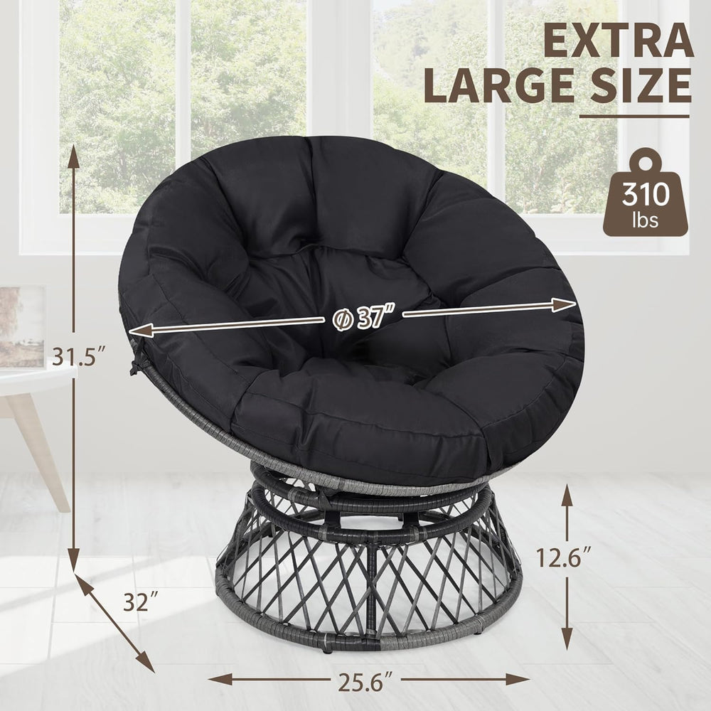 KROFEM 40" Ergonomic Wicker Papasan Chair, Grey Frame with Black Cushion
