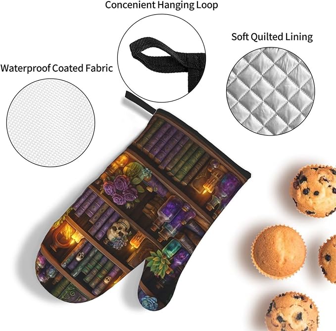 Witch Gothic Oven Mitts and Pot Holders Sets, Witchy Wicca Skull Baking Glovers - Image 5