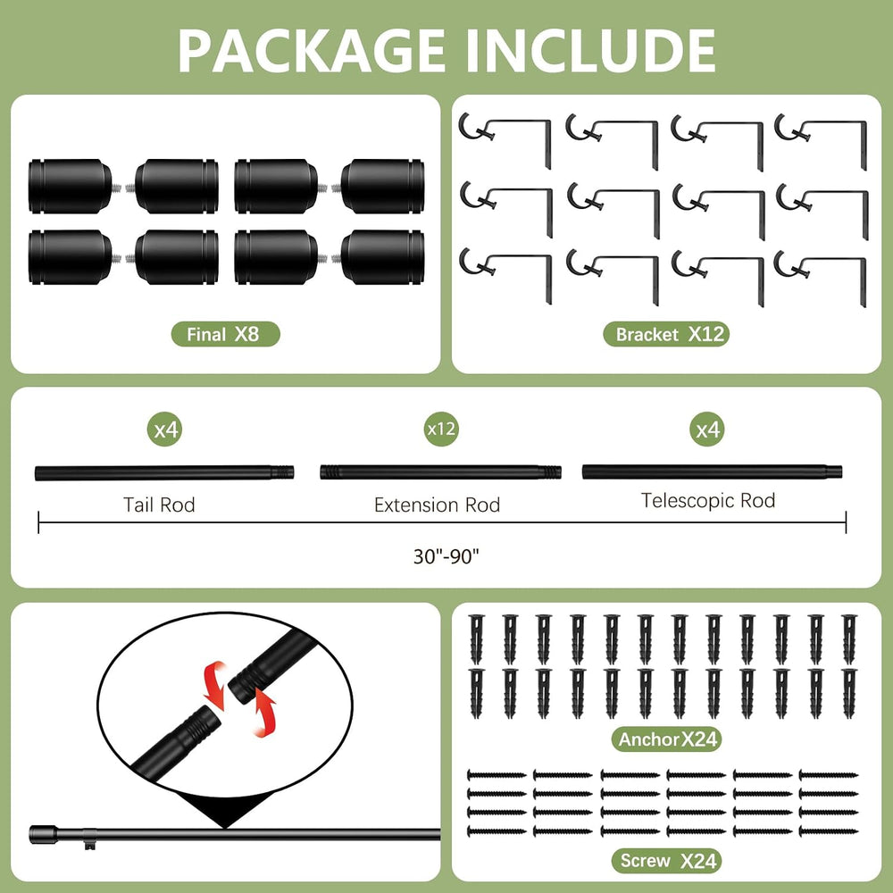 Curtain Rods 30-90 Inch, Adjustable Black Curtain Rods for Windows 4 Pack