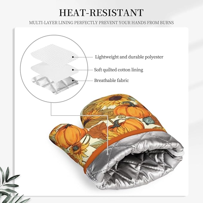 Fall Pumpkin Sunflower Silicone Oven Mitts Pan Mats Set of 2, Heat Resistant - Image 4