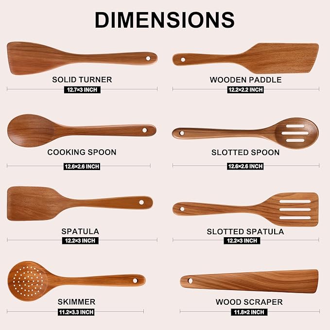 8 Pcs Best Non Toxic Kitchen Utensil Set Teak Wooden Cooking Spoons Nonstick - Image 4