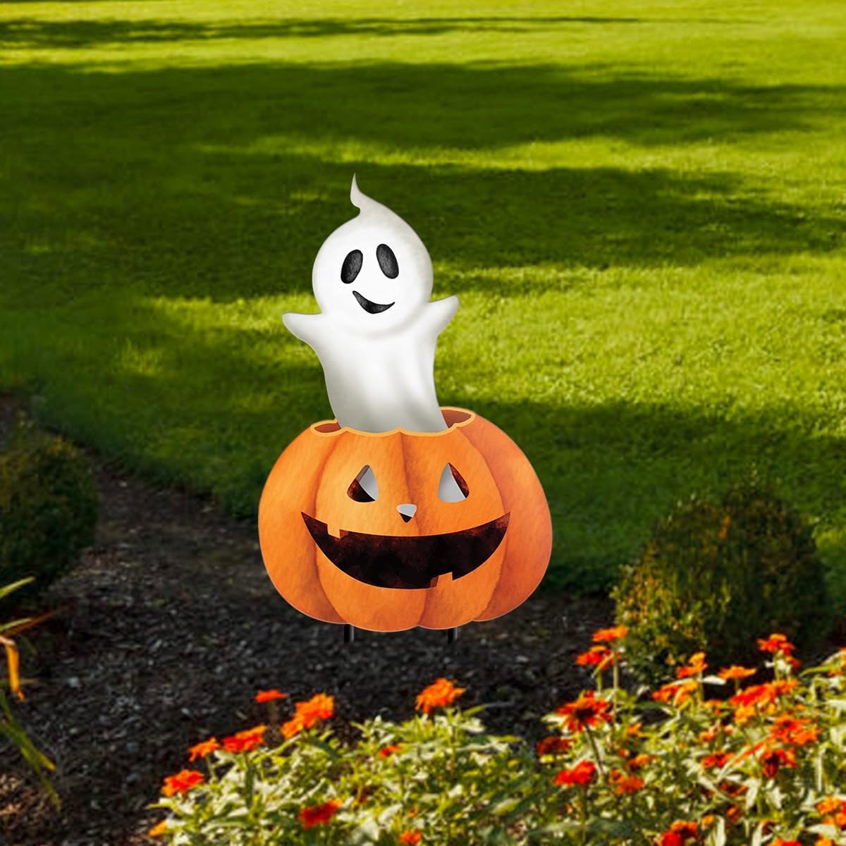 Briarwood Lane Halloween Pumpkin and Ghost Metal Yard Art 30x13 for Halloween Metal Art