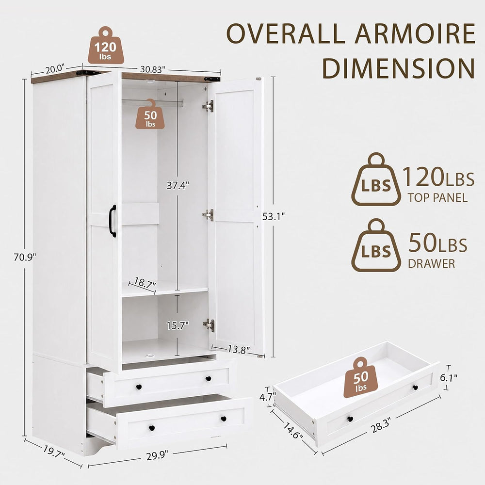 Brafab Wooden Armoire Wardrobe Closet with Drawers, White, Set of 2