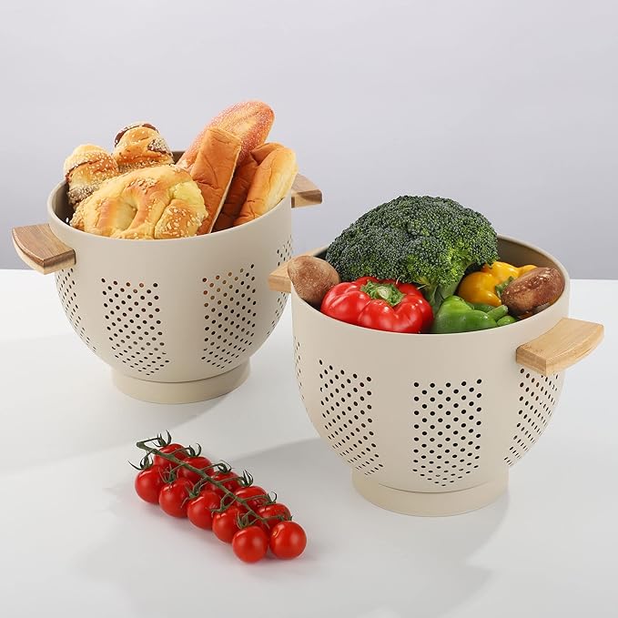 Metal Colander with Wood Handle, 5.5 Quart Powder Coated Steel Large Kitchen