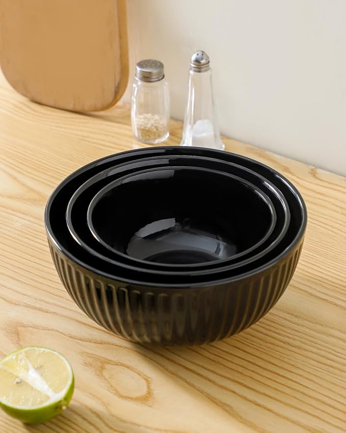 HASENSE Small Mixing Bowls of 3, Porcelain Ribbed Black Bowls 1.5/1/0.5 Qt - Image 5