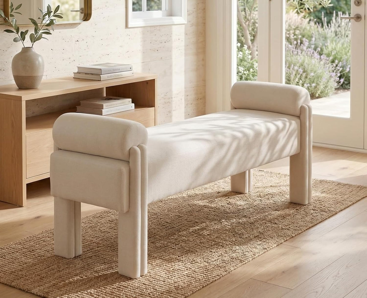 ROCITY Beige Linen End of Bed Bench 53 Inch Long Ottoman Fabric Padded Bedroom Bench Upholstered Modern Entryway Bench with Wood Frame for Bedroom/Living Room/Foyer