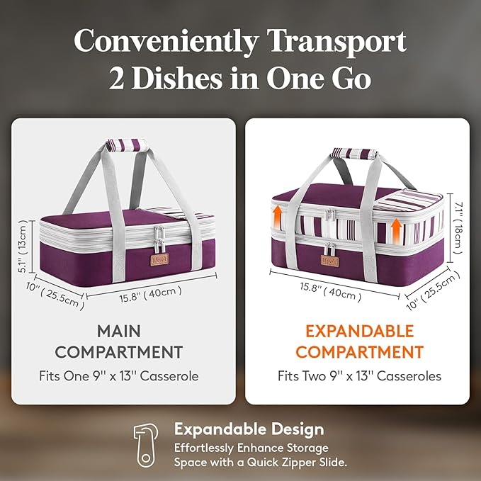 Lifewit Insulated Double Decker Casserole Carrier, Expandable Lasagna Lugger - Image 2