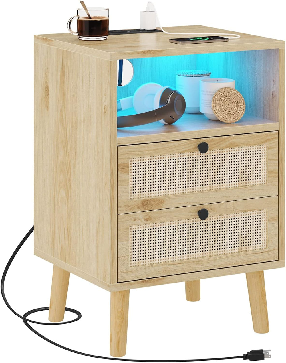 AOGLLATI Rattan Nightstands Set of 2 with Charging Station and LED, Boho Nigh...